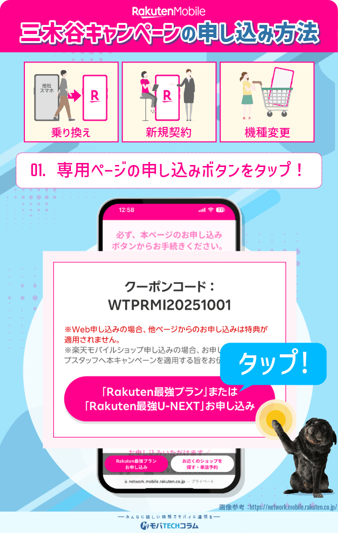 三木谷キャンペーンの手順:三木谷キャンペーンの専用リンクからRakuten最強プランに申し込む を示した図