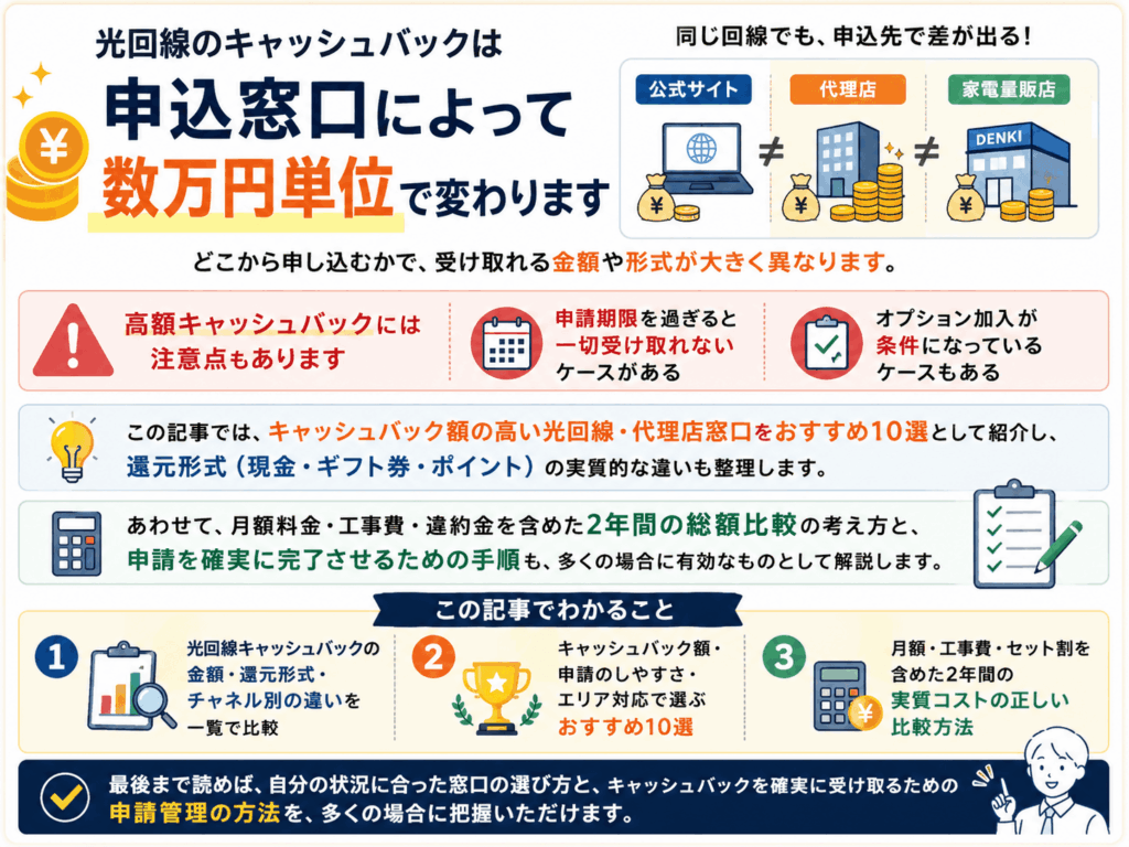 光回線キャッシュバックについてのポイントまとめ画像