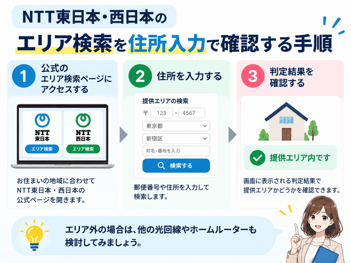 NTT東日本・西日本のエリア検索を住所入力で確認する手順