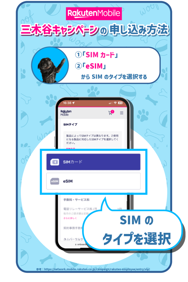三木谷キャンペーンの手順:「SIMカード」・「eSIM」からSIMのタイプを選択する を示した図