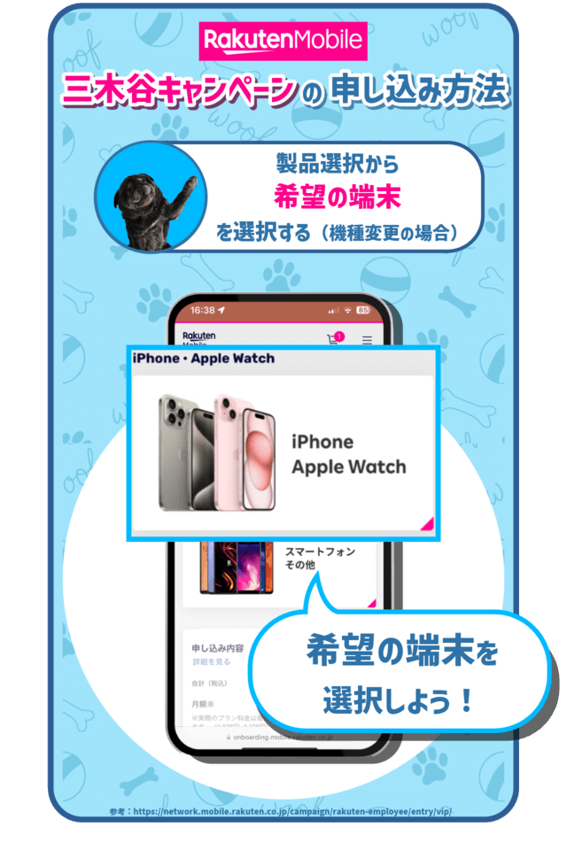 三木谷キャンペーンの手順:製品選択から希望の端末を選択する(機種変更の場合) を示した図