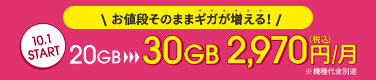 2024年10月1日からahamoのデータ量が20GBから30GBに増量されたことを示す画像