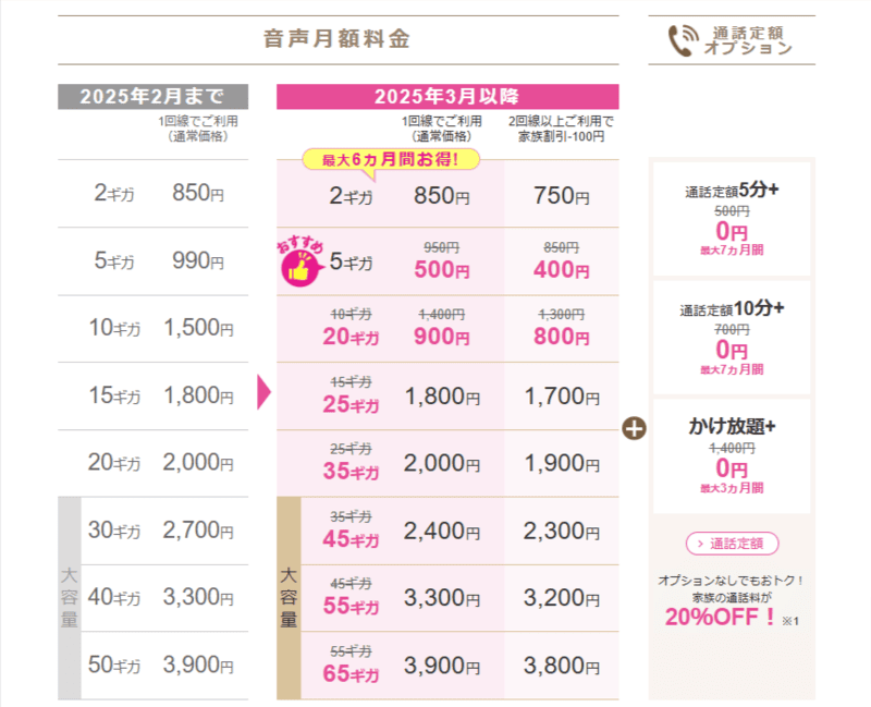 IIJmioのプラン一覧