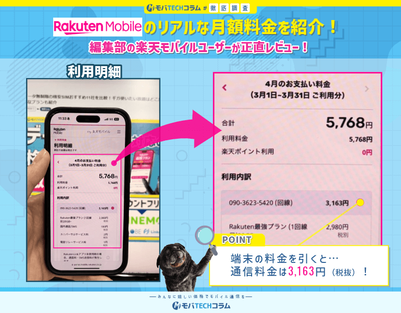 楽天モバイルの1ヶ月の料金明細の画像